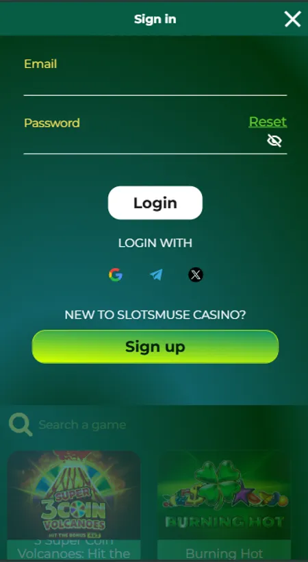 SlotsMuse login screen with email and password fields