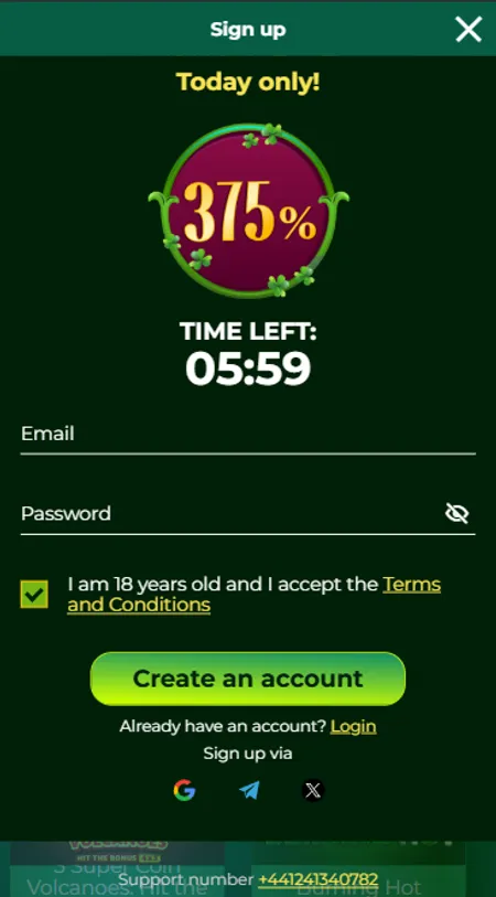 SlotsMuse registration form with email and age checkbox