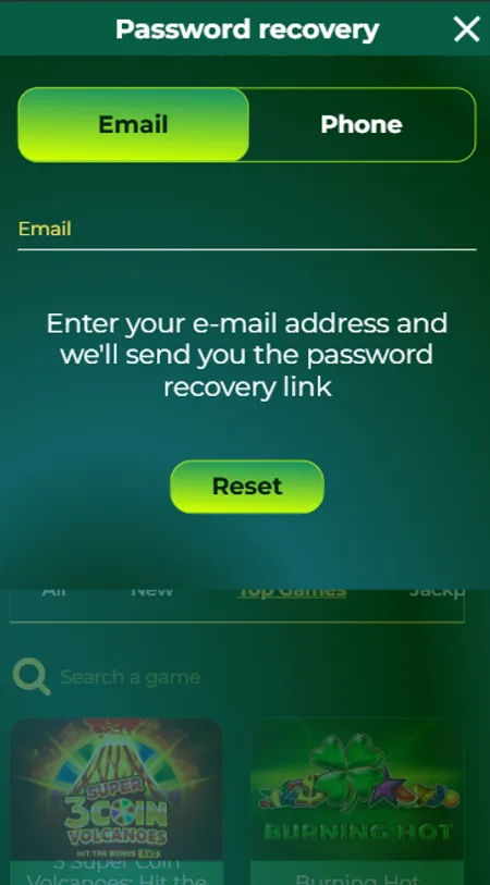 SlotsMuse password reset screen with email and phone toggle